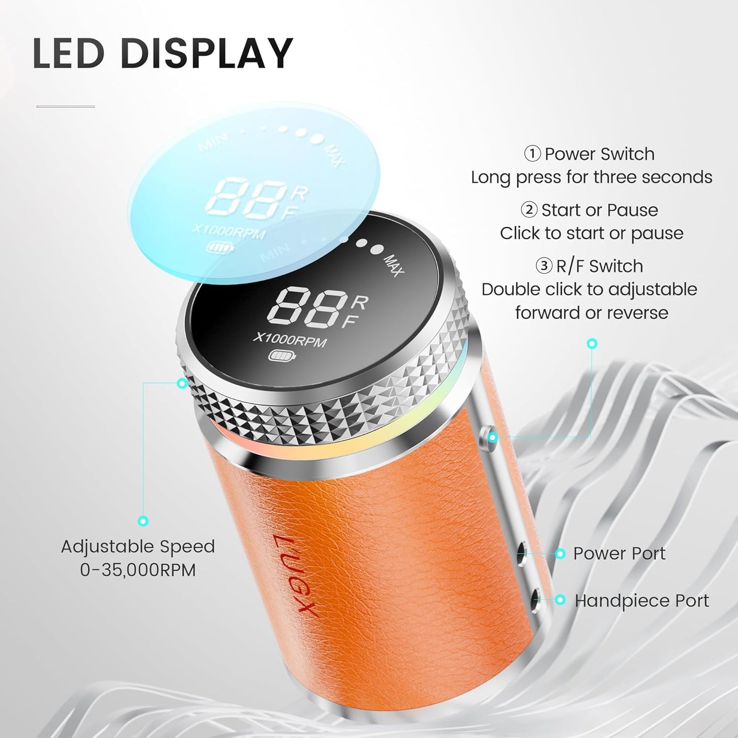 L'UGX Professional Nail Drill, Waterproof 35000RPM Brushless Nail Drill Machine, Rechargeable Nail Efile for Acrylic Gel Nails, Low Noise and Low Vibration