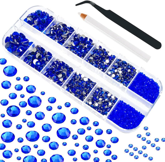 4010pcs Blue Rhinestones Sapphire Blue Nail Rhinestones Flatback Stones K9 Glass Royal Blue Nail Gems Crystals Nail Charms Nail Art Kit 6 Sizes(1.6-6.1mm) to SS30 for Nails Face Eyes Makeup Crafts