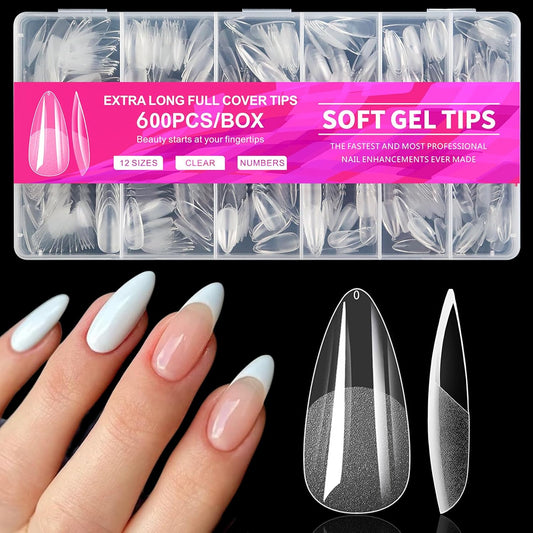 AddFavor 600pcs Almond Nail Tips Medium Fake Nails - Soft Gel Nail Tips Almond Shape Clear Acrylic Nails Tips for Nail Extensions, 12 Sizes Gel Nails Press ons Manicure Salon Home DIY