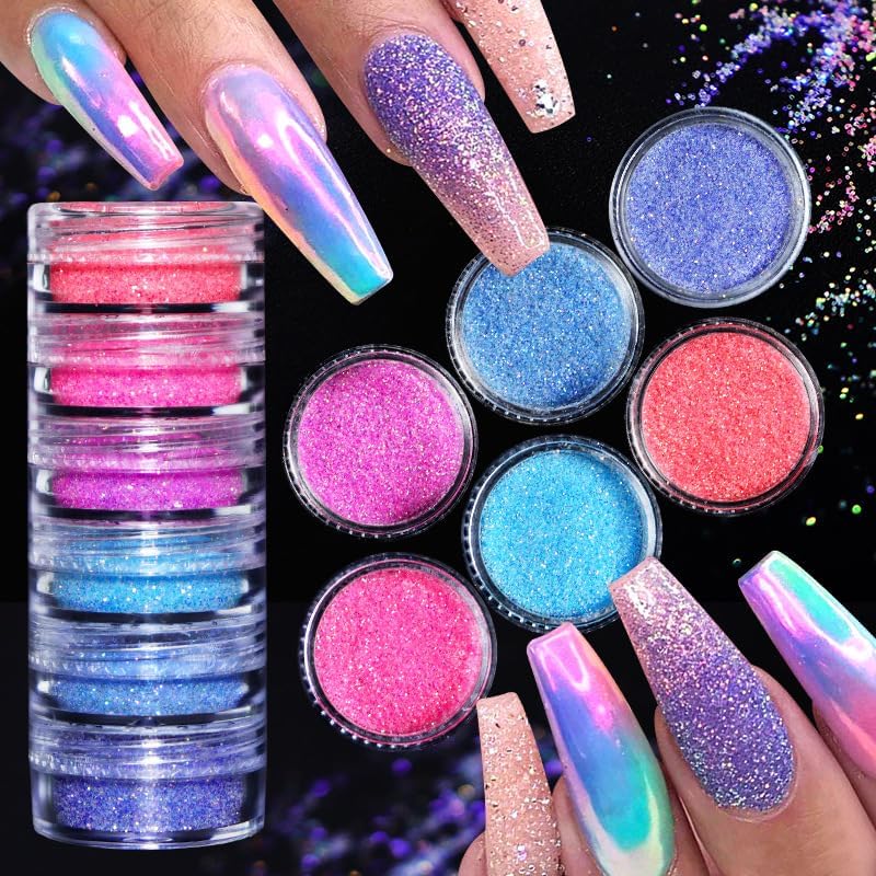 Sugar Sand Neon Nail Art Glitter Powder Shiny Effect Candy Glitter Flakes Pigment Dust Gel Polish Manicure Accessories for Christmas Valentine's Day DIY Crafts Supplies