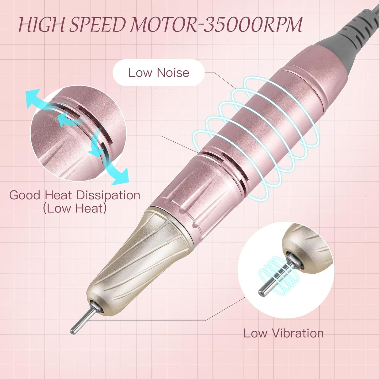 Madenia Portable Rechargeable Nail Drill Machine with LCD Screen, Professional Electric Nail File Efile for Acrylic Gel Nails Polishing Removing, Suitable for Salon Home Travel Manicure Use, Pink