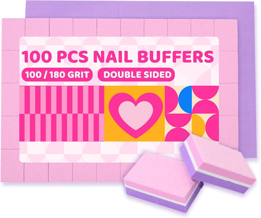 100 Pcs Nail Buffers, 100/180 Grit Mini Buffers for Nails, Nail Buffer Block Bulk, Double Sided Sponge Buffer Nail File for Processional Nail Salon (Pink & Purple)
