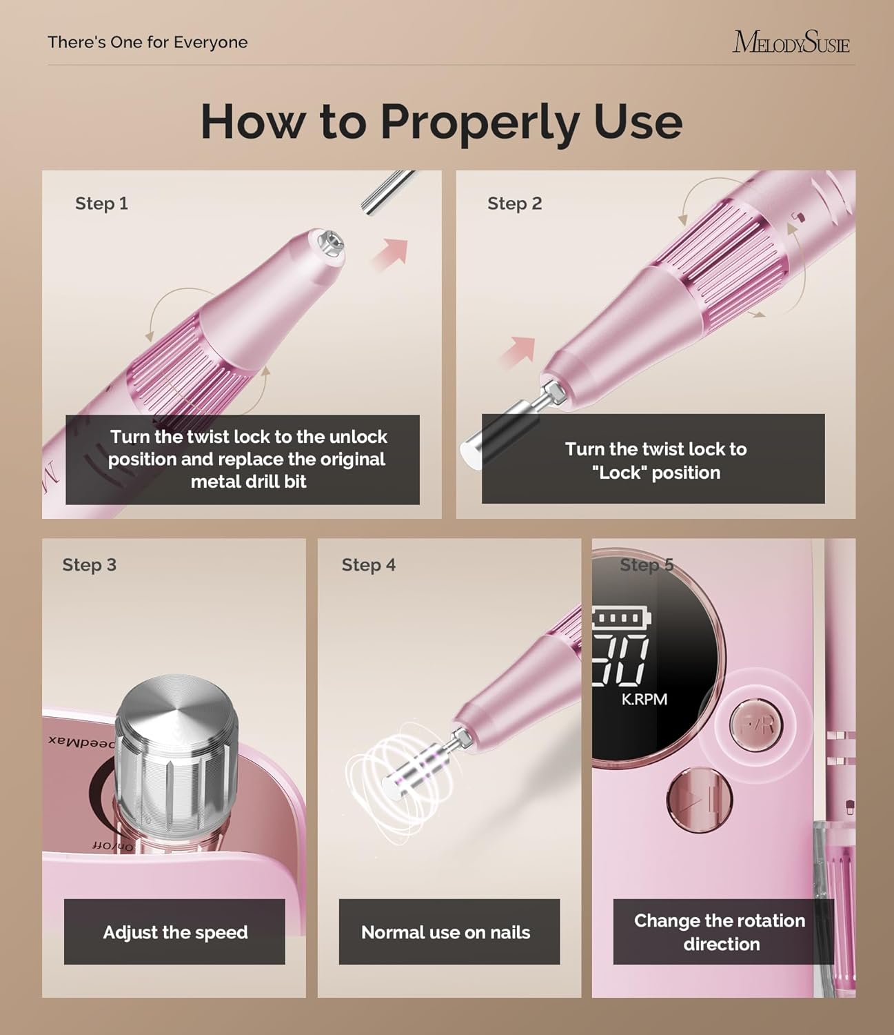 MelodySusie Professional 30000RPM Nail Drill, SC320F Cordless Clip-on Nail File with Drill Bits & Sanding Bands, Rechargeable Electric Efile for Acrylic Nails, Gel Polish Removal at Home Salon