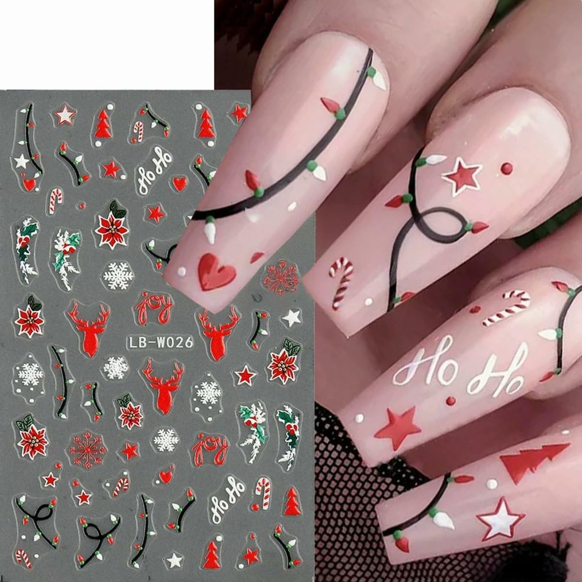 Christmas Nail Art Stickers Holly Leaf Snowflakes Nail Stickers 4PCS 5D Embossed Xmas Nail Decals Christmas Tree String Light Star Candy Cane Xmas Nails Art Design Supplies Adhesive Sliders for Women