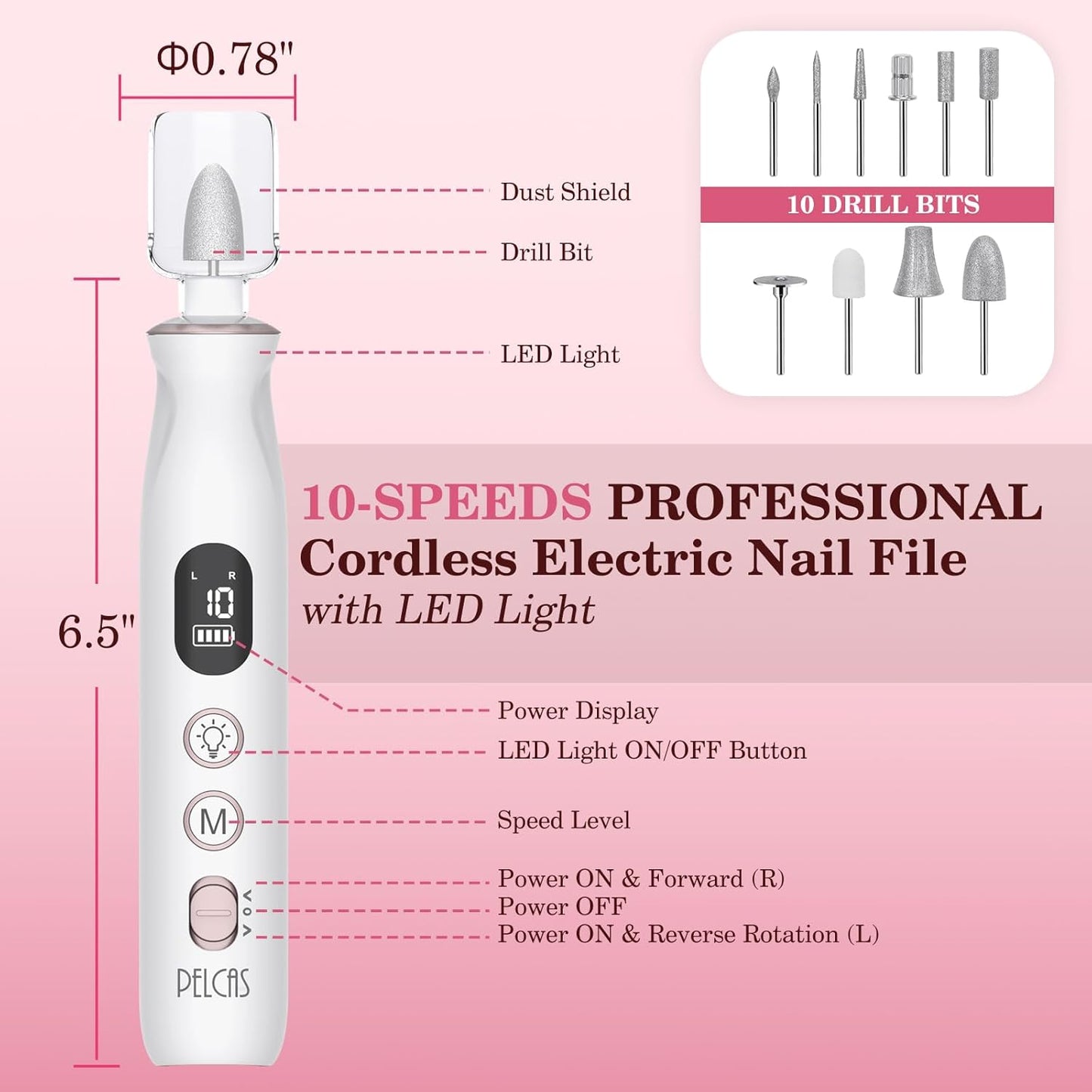 PELCAS Electric Nail File, 10 Speeds Cordless Nail Drill with LED Light, Portable Manicure and Pedicure Kit, Nail Grinder with LCD Screen for Human, Pet, Thick Toenails, Natural & Acrylic Nails