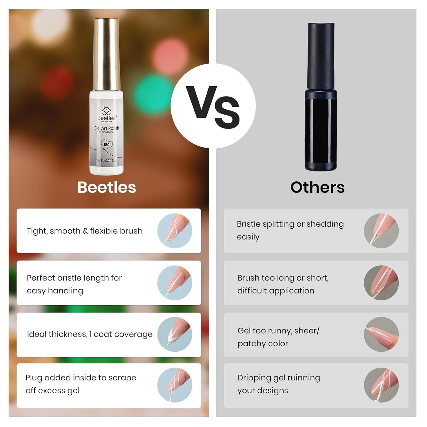 Beetles Metallic Gel Nail Polish Liner Set Gold Silver 2pcs Gel Liner Nail Art Chrome 3D High-Gloss Effect for Nails Paint Design with Thin Brush DIY French Manicure Gift for Women