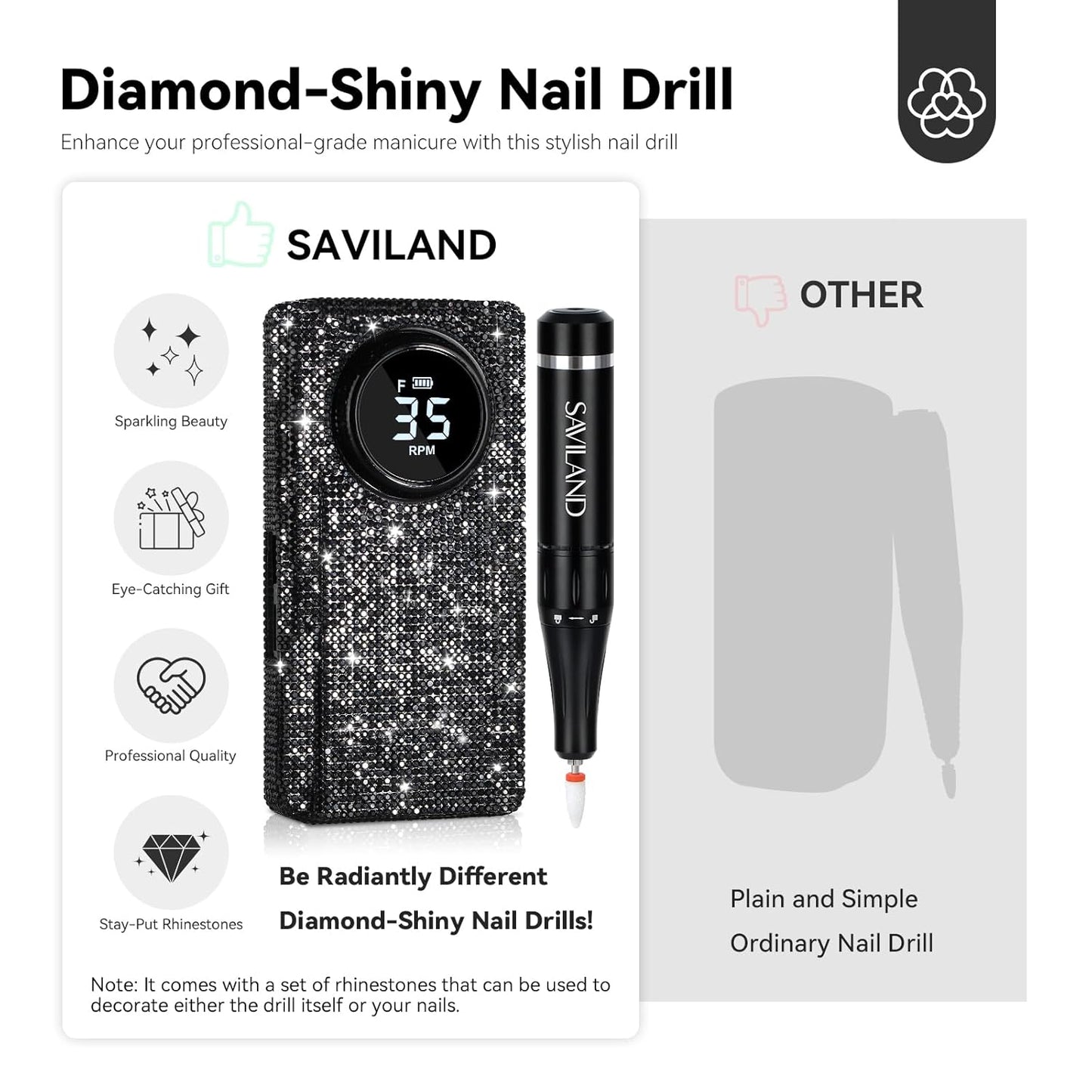 SAVILAND Professional Electric Nail Drill for Acrylic Nails : 35000RPM 2025 Portable Nail File Faster Removal Acrylic Nails & Large Battery Capacity for Nail Art, Pedicure Manicure Home Nail Salon