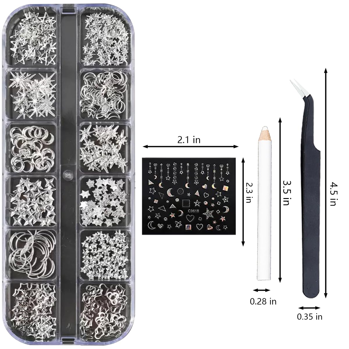 Silver Star Moon Nail Charms Nail Art Kit with 30 Sheets Silver Nail Art Stickers 3D Self-Adhesive SIlver Nail Decals Nail Supplies for Women Acrylic Nail DIY Manicure Kit with tweezer,Pick up Pencil