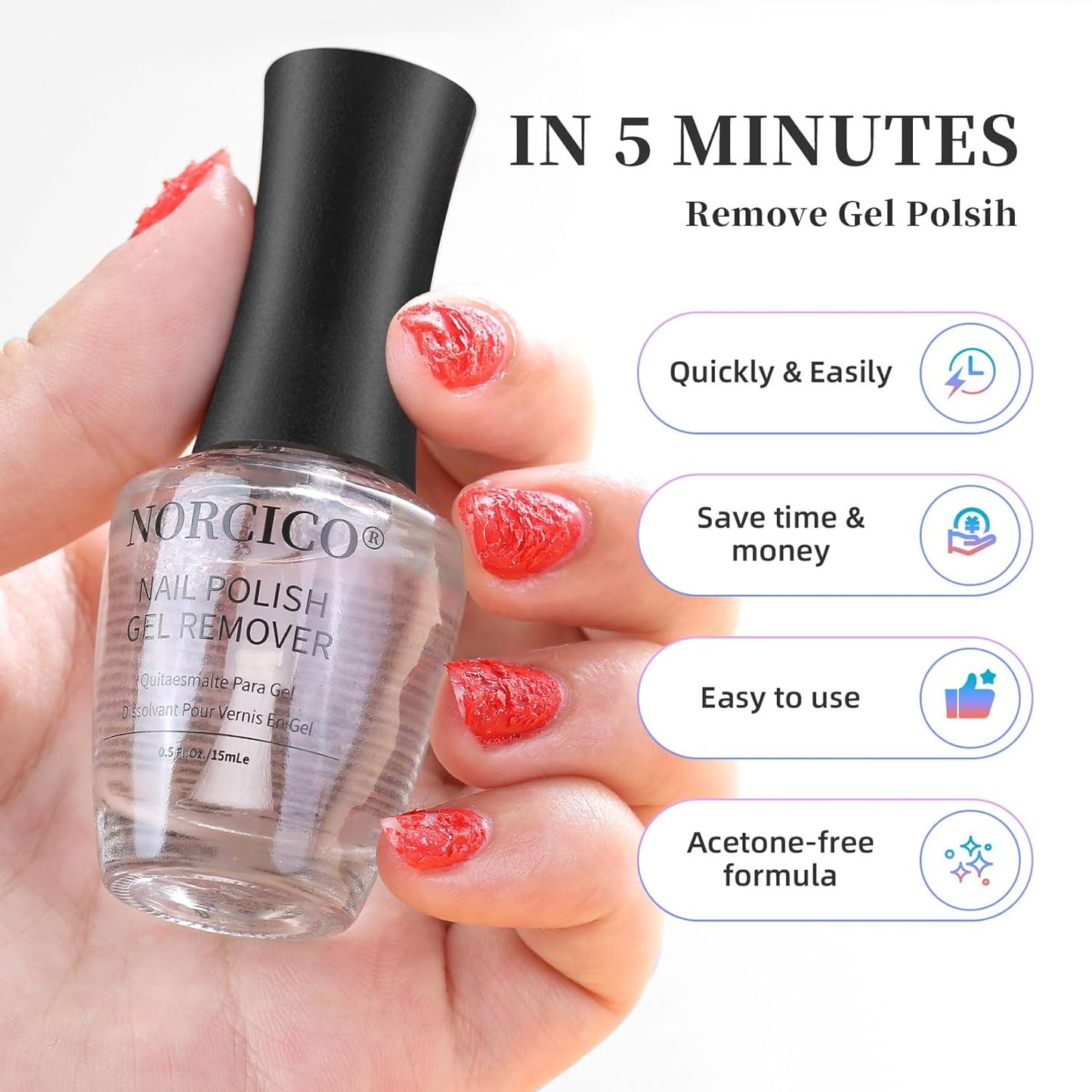 Gel Nail Polish Remover,Fast-Acting Gel Nail Remover with No-Soak Technology, 2-5 Minute Nail Gel Remover Solution, Salon-Grade Formula & Low Odor, for Home & Salon Use (15ml)