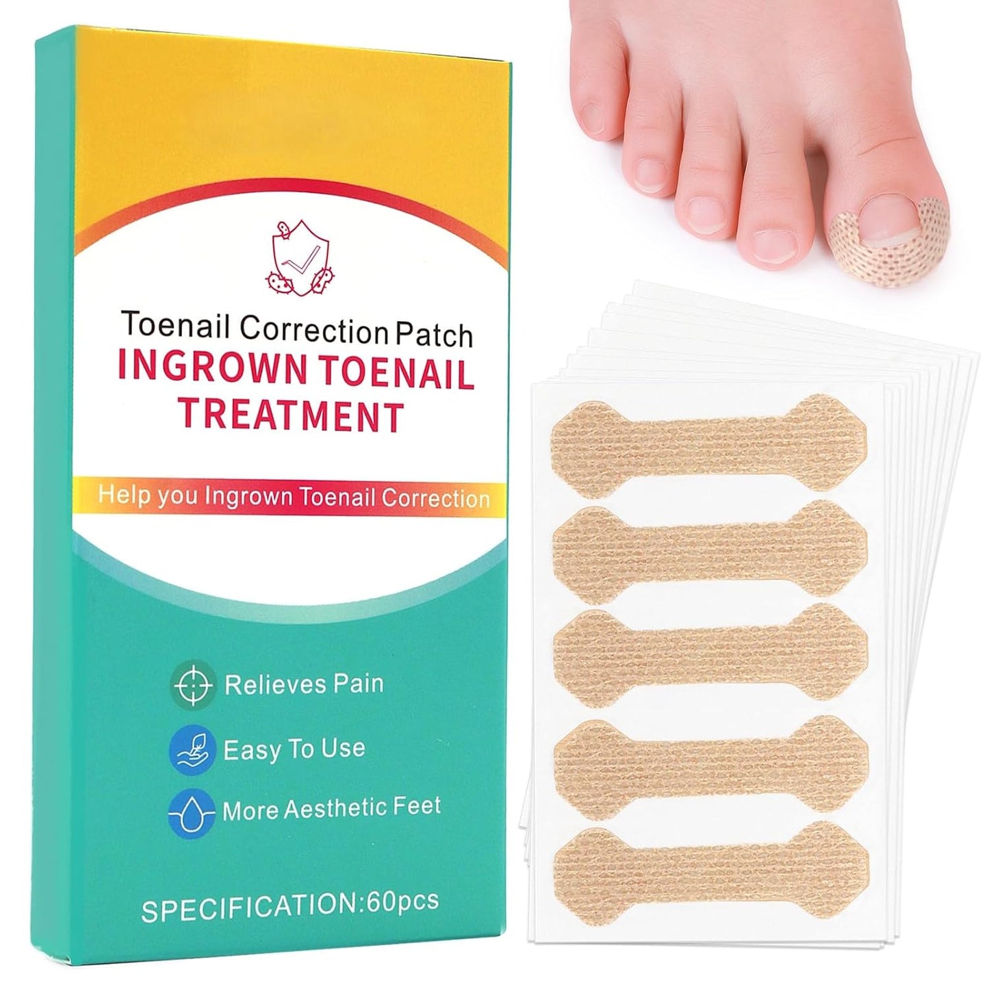 Ingrown Toenail Treatment, 60Pcs Breathable Ingrown Toenail Strips,Painless Ingrown Toenail Tool, Professional Pedicure for Ingrown Toenail, Toenail Corrector Patch