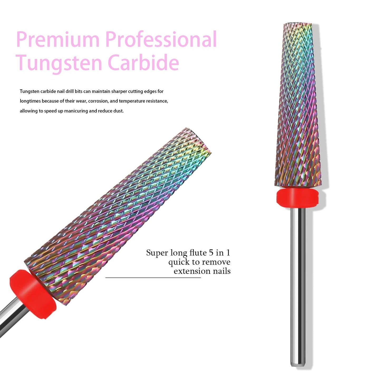 Super Long 5 in 1 Nail Drill Bits, Professional 3/32'' Carbide Tungsten Two Way Rotary Advanced Safety Bits, Fast Remove for Manicure Pedicure Cuticle Acrylic Nails(Rainbow, Fine-F)
