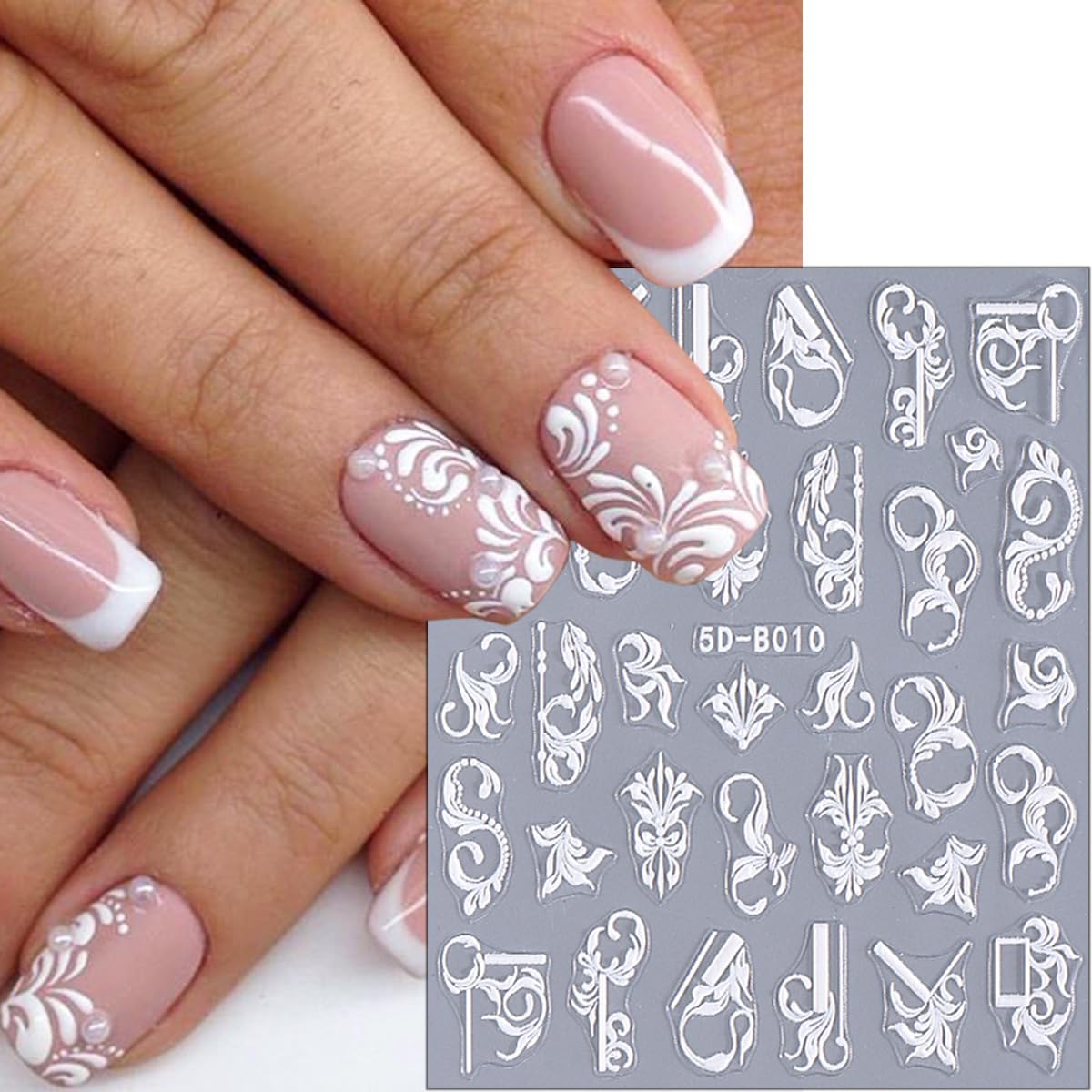 2 Sheets Embossed Flowers Nail Art Stickers Self-Adhesive White Vine Pattern Nail Supplies 5D Flower Nail Stickers for Nail Art Spring Floral Nail Decals for Women Girls DIY Nail Decoration