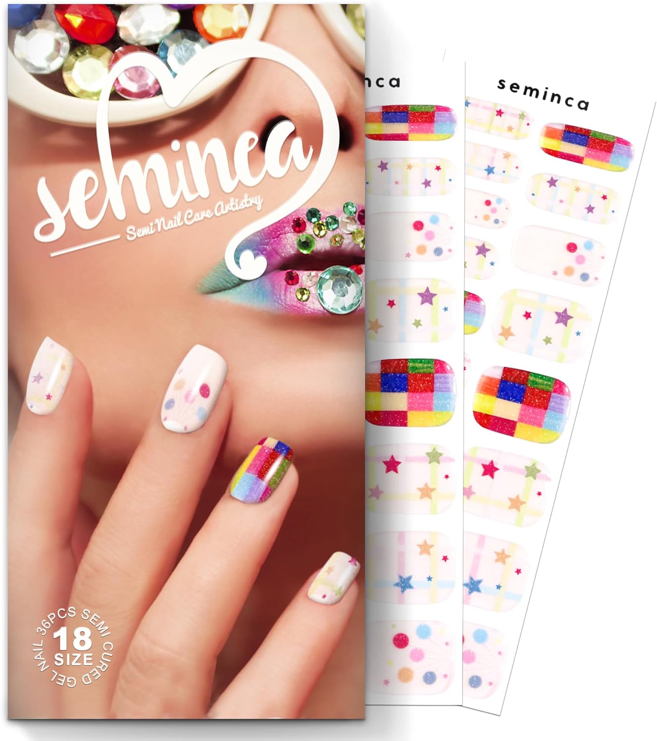 Semi Cured Gel Nail Strips-Salon Quality Semi-Cured Gel Press On Nails Stickers Strengthening Quick DIY Nail Art Manicure Kits for Women at Home(Rainbow Bomb)