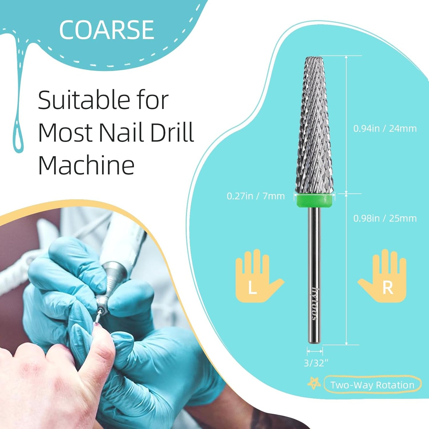 Super Long 5 in 1 Nail Drill Bits, 24mm Cross Carbide Tapered Nail Bit, 3/32" Two-way Rotate, Acrylic Nails Gel Remover, Electric Drills File Manicure Accessories (C)