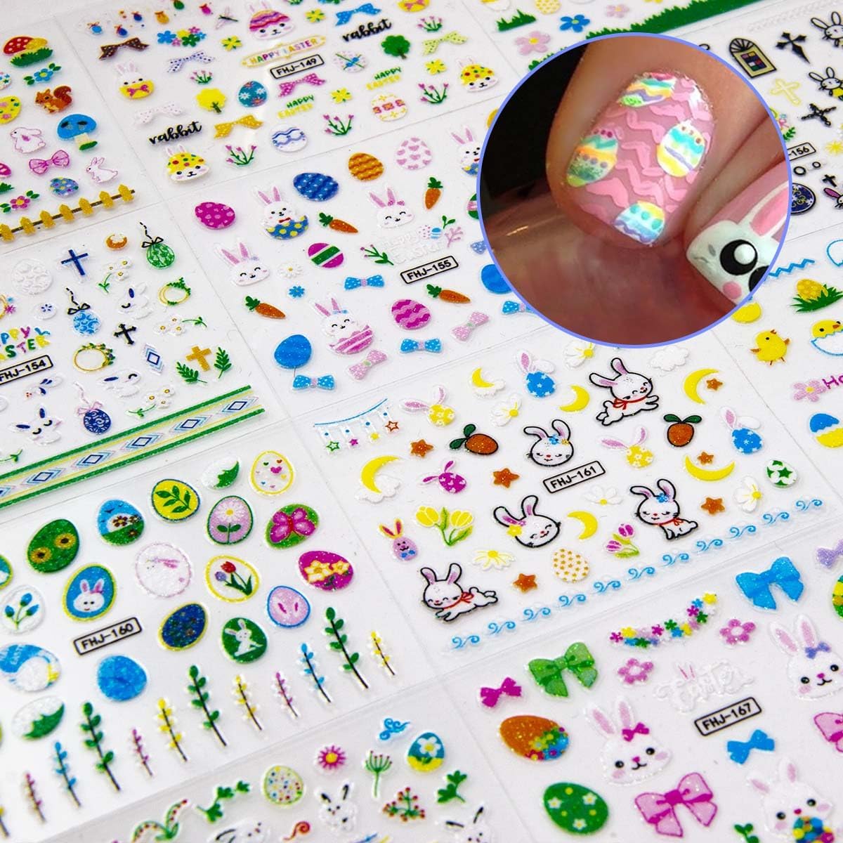 30 Sheets Easter Nail Art Stickers Rabbit Nail Sticker 3D Self-Adhesive Nail Decals Cute Cartoon Bunny Egg Nail Art Design for Women Girls Kids Nails Art Decorations Manicure Accessories