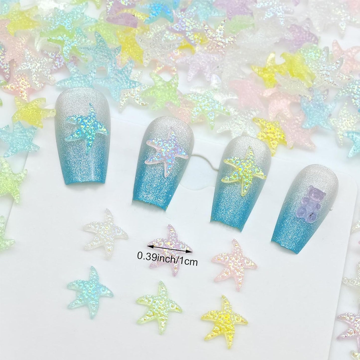 200PCS Iridescent Starfish Nail Art Rhinestones, Pastel Rainbow Colors, Mini Resin Decorations for Manicure