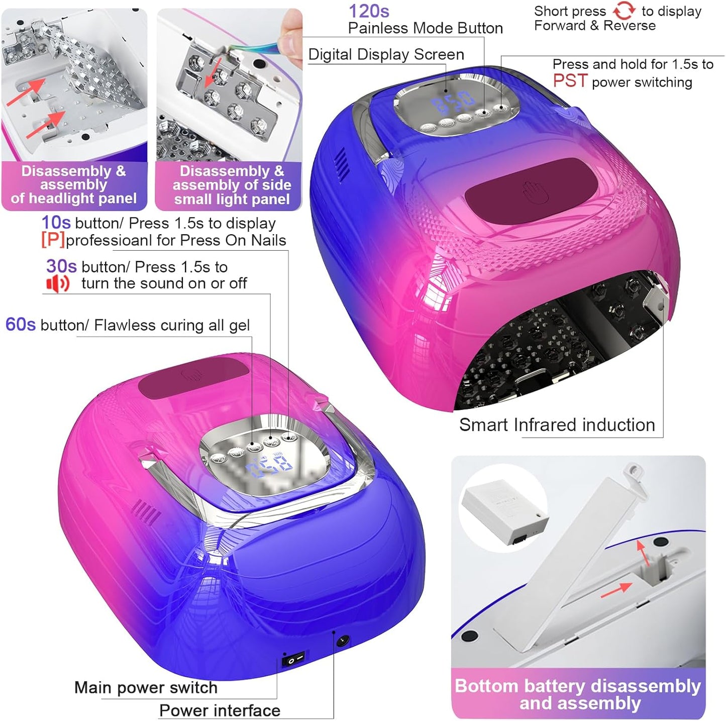 LIMEGIRL Cordless Nail Lamp, 72W Powerful UV LED Nail Dryer with Replaceable Lamp Beads & Battery, UV Light for Gel Polish, Rechargeable & Portable for Professional Nail Salon Use (Color, One Battery)