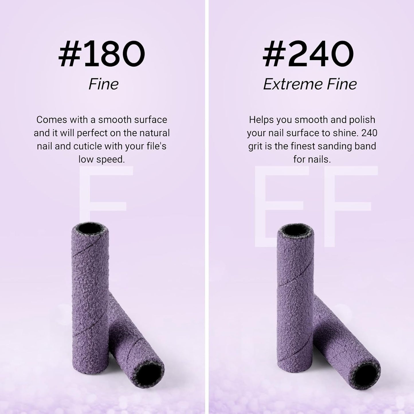 MelodySusie 50 Pcs Nail Drill Bits Super Long Small Sanding Bands with 3.1mm Crystal Mandrel Bit, 180 Fine Grit Nail File for Acrylic Nails Gel Manicures and Pedicure, Purple