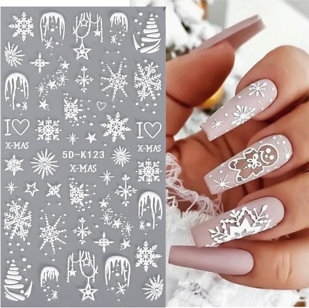JMEOWIO 3D Embossed Christmas Snowflake Holiday Nail Art Stickers Decals Self-Adhesive 5D Nail Supplies Nail Art Design Decoration Accessories 3 Sheets