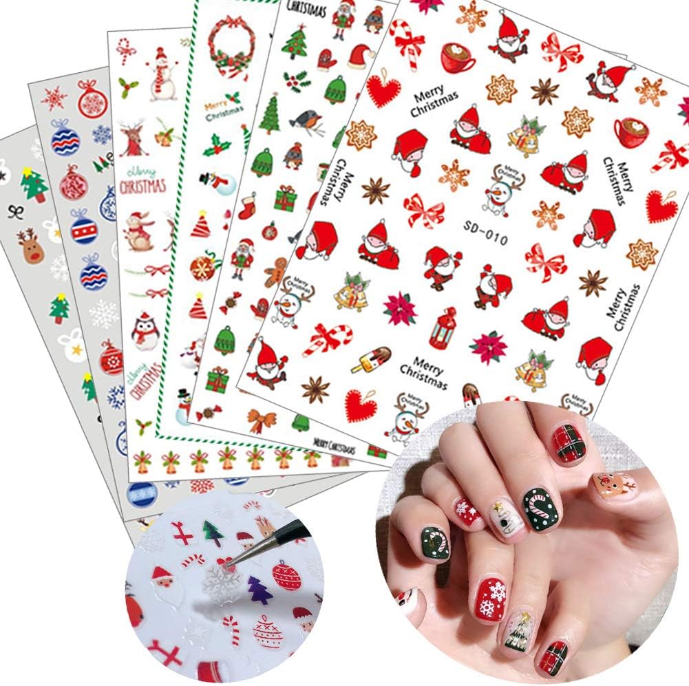 6 Sheets Christmas Nail Art Stickers 3D Snowflake Self-Adhesive Nail Decals Tree Bell Santa Claus Elk Sock Designs Sticker Xmas Winter Nails Supplies for Fingernails & toenail Charms Nail Art Decor