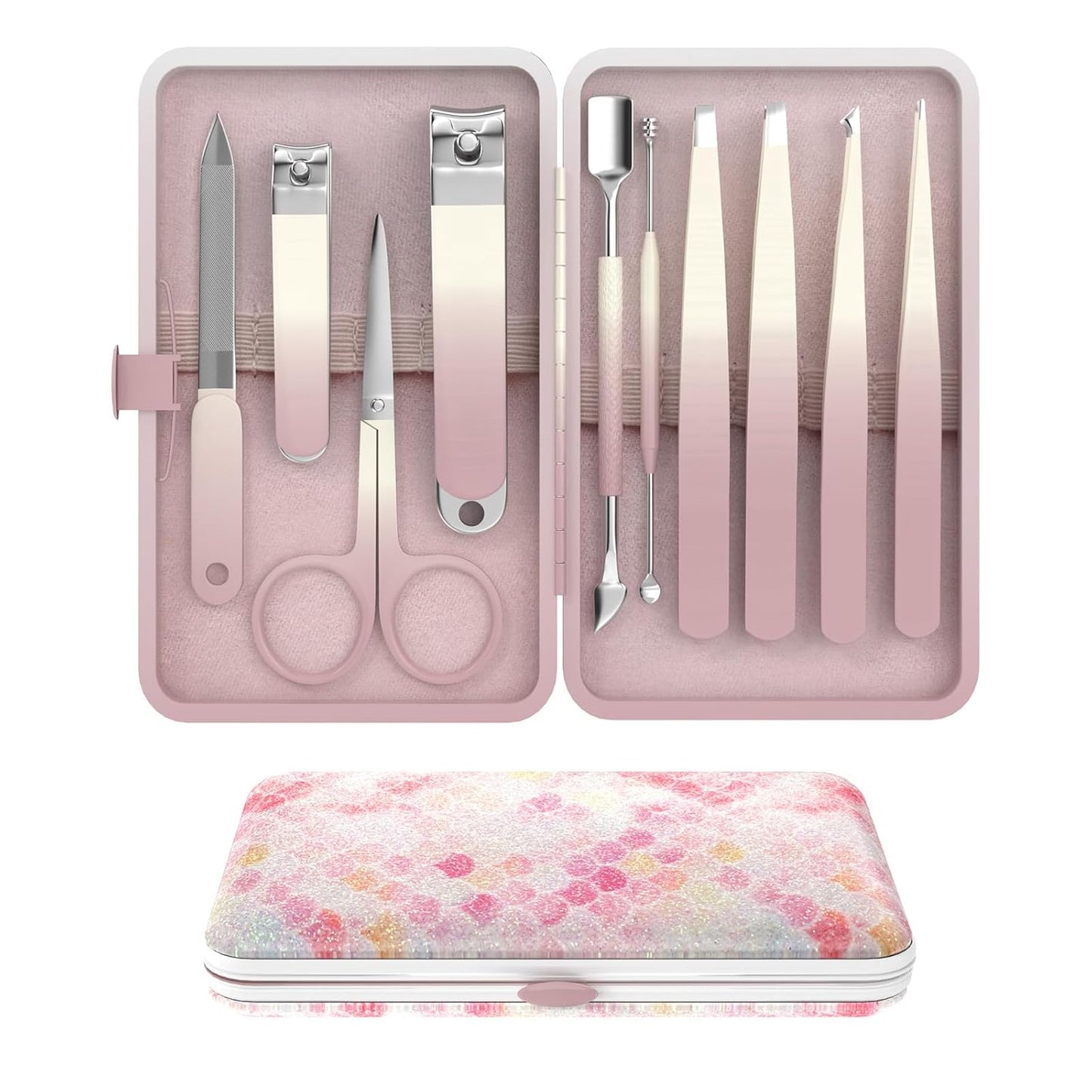 Manicure Set 10 in 1 Stainless Steel Nail Clippers Scissors Tweezers Grooming Kit with Travel Case (Pink)