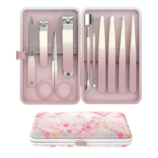 Manicure Set 10 in 1 Stainless Steel Nail Clippers Scissors Tweezers Grooming Kit with Travel Case (Pink)