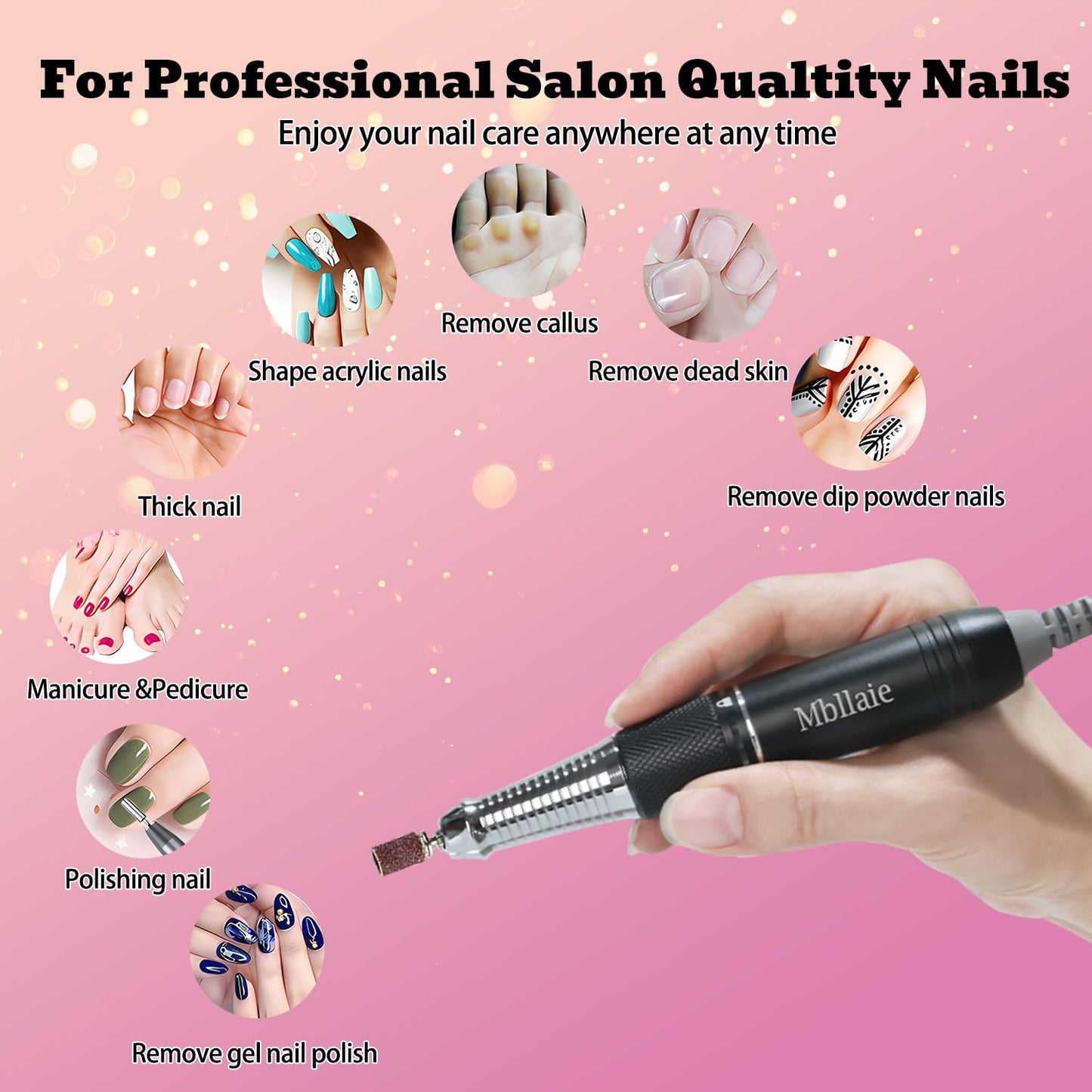 Professional Nail Drill File 45000RPM Electric Portable Nails Drills Kit with Rechargeable 7 uñas Bits Cordless Efile for Poly Gel Acrylic Nails Remover Home Salon Pedicure Manicure Tool (Black)