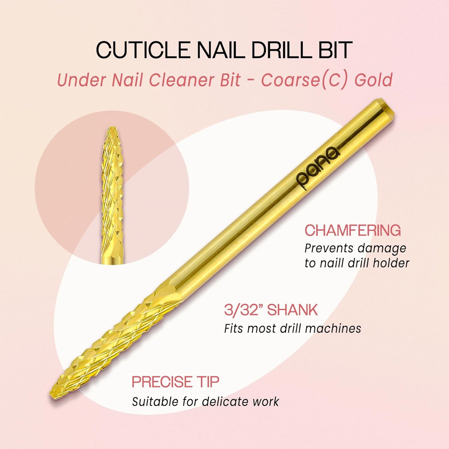 PANA 3/32" Carbide Cuticle Nail Drill Bit for Cuticle Cleaning, Dead Skin Removal, Gel Polish & Acrylic Removal, Under Nail Cleaner, Nail Salon, Manicure Tools (UNC - Gold, Coarse)