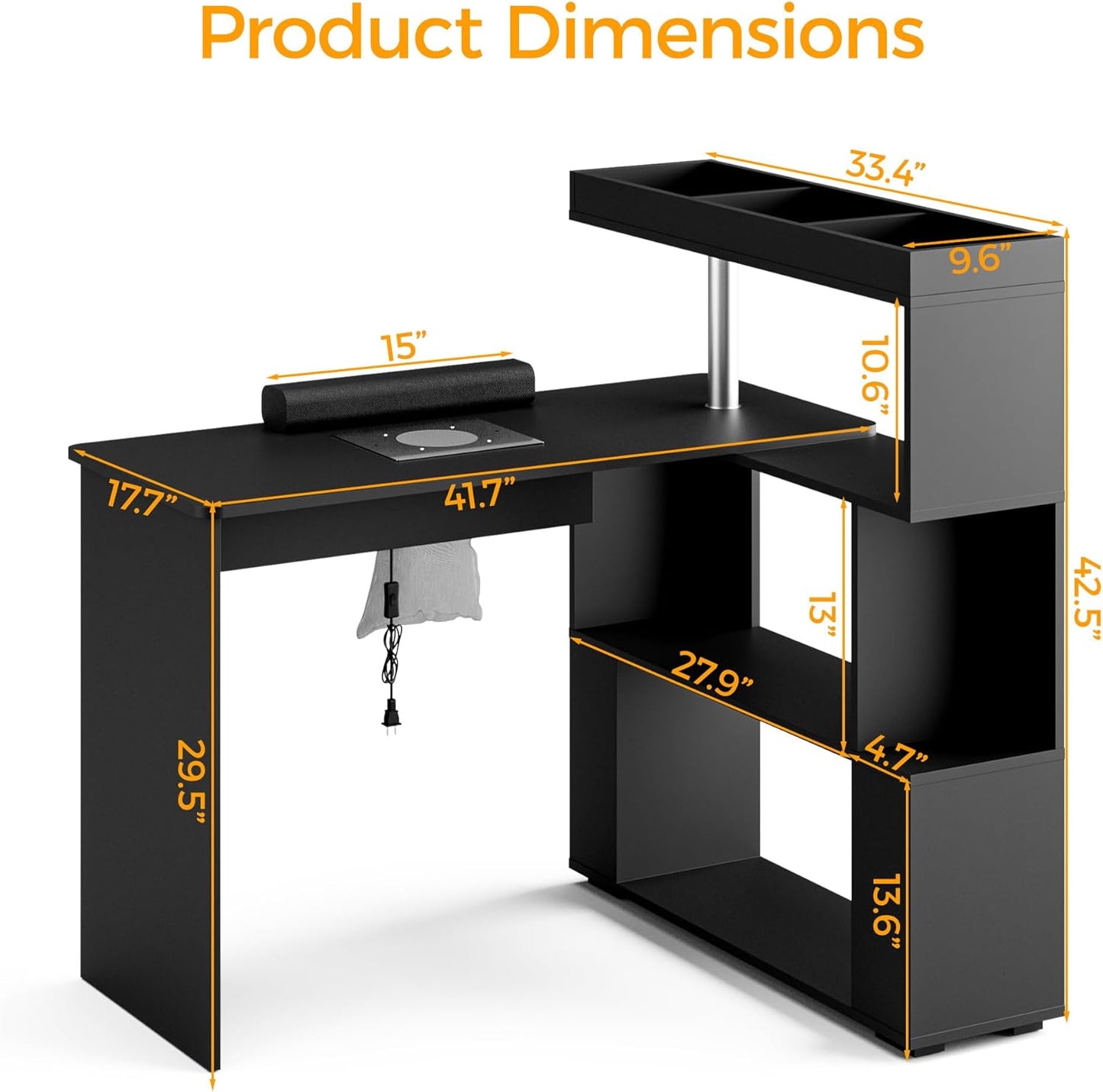 Manicure Table, L-Shaped Nail Tech Desk with Dust Collector, Reversible Rotating Table & Storage Shelf, Acetone Resistant Beauty Salon Station, Black