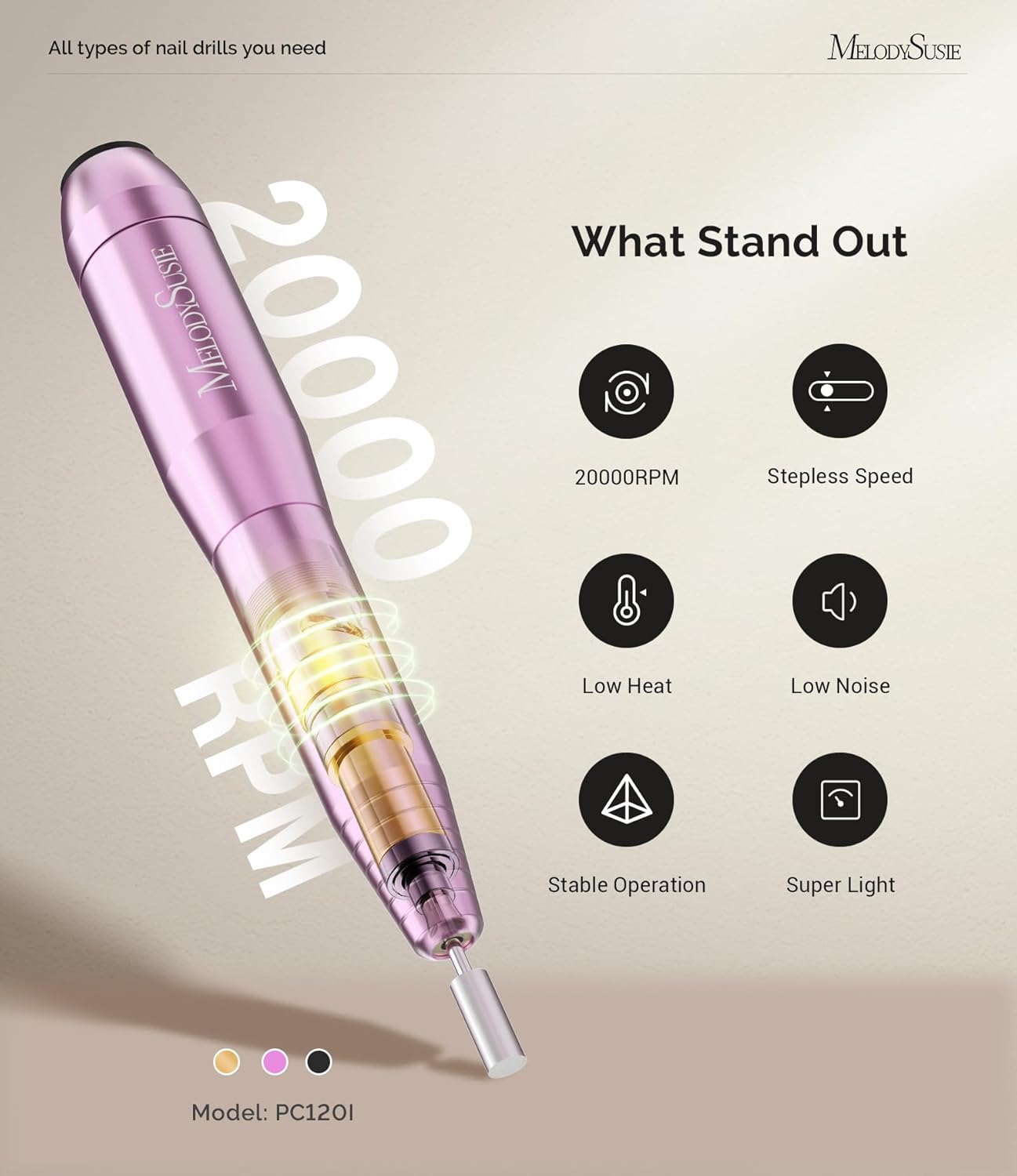 MelodySusie Pen-Shaped Portable USB Nail Drill, PC120I 20000RPM Electric Nail File with Compact Design for All Nail Care, Manicure Polishing, Shaping & Gel Removal at Home for Beginners