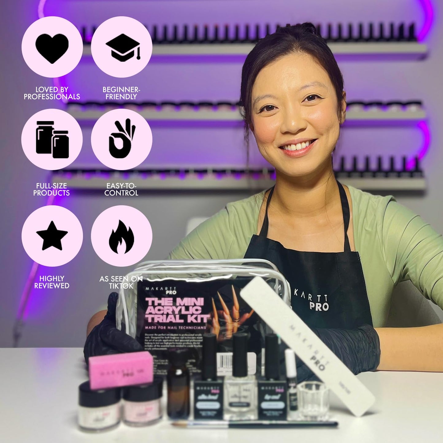 MakarttPro Mini Acrylic Nail Kit for Beginner Nail Technicians 12pcs - Starter Set with Pink & Clear Acrylic Powders, EMA Monomer, Kolinsky Brush and Nail Essentials