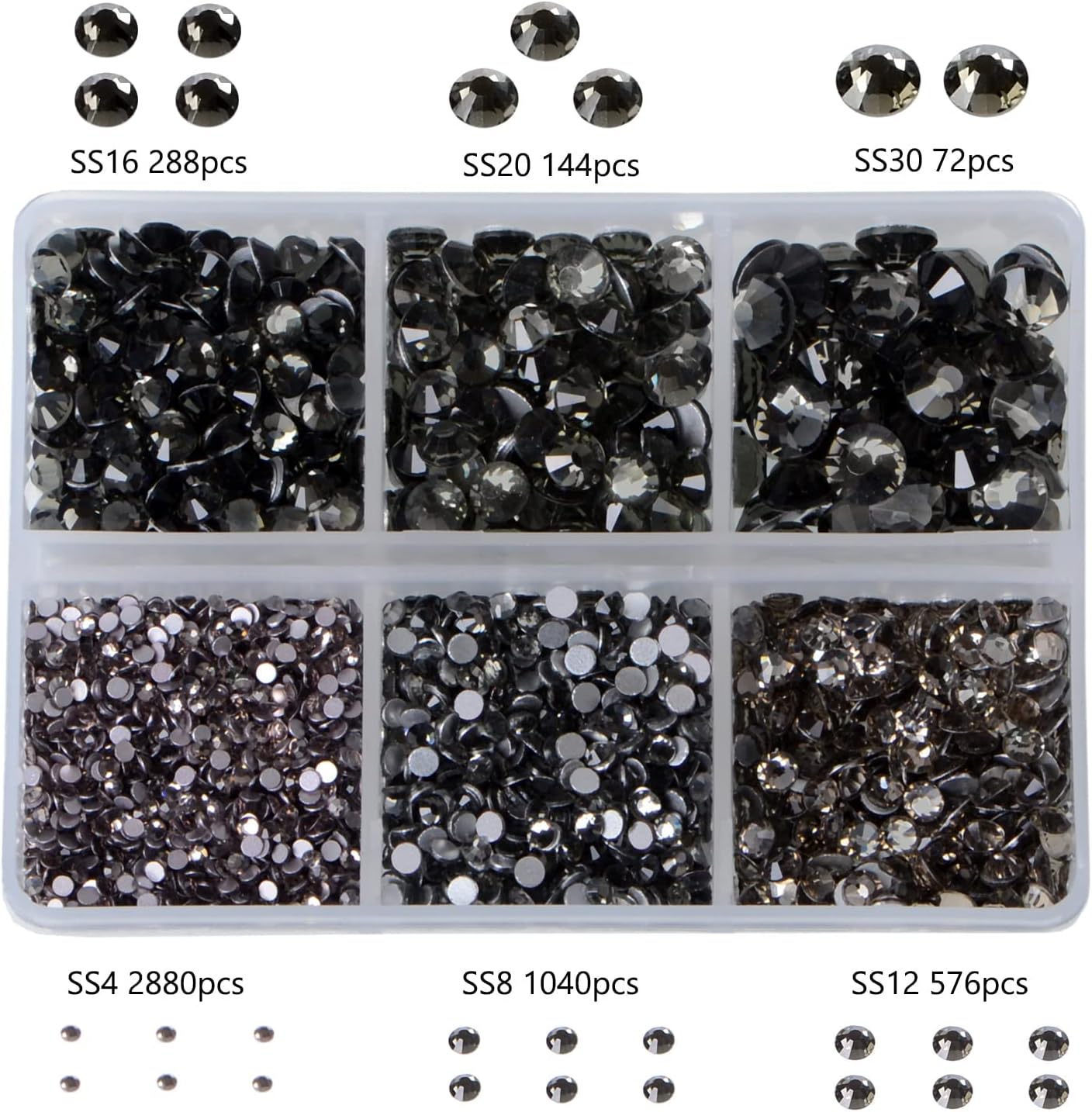 Bymitel 5000 Pieces 6 Mixed Sizes Glue Fix on Glass Rhinestones Round Crystal Gems Flatback for DIY Jewelry Making with one Picking Pen(6-Sizes 5000PCS, Black Diamond)