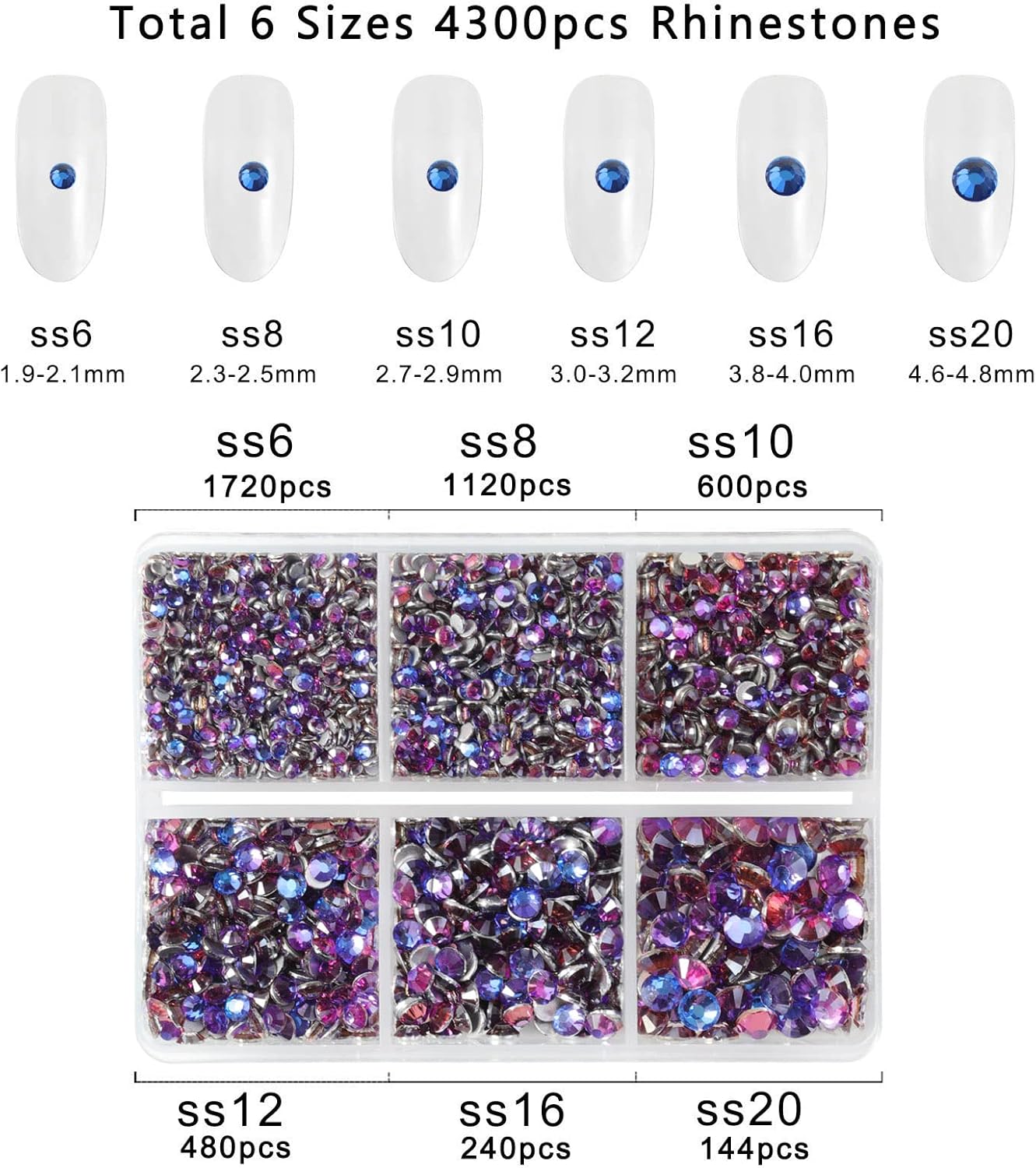 Beadsland 4300pcs Flatback Rhinestones,Purple Rhinestone Nail Gems Round Crystal Rhinestones for Crafts,Mixed 6 Sizes with Picking Tweezers and Wax Pencil Kit, SS6-SS20,Purple Velvet