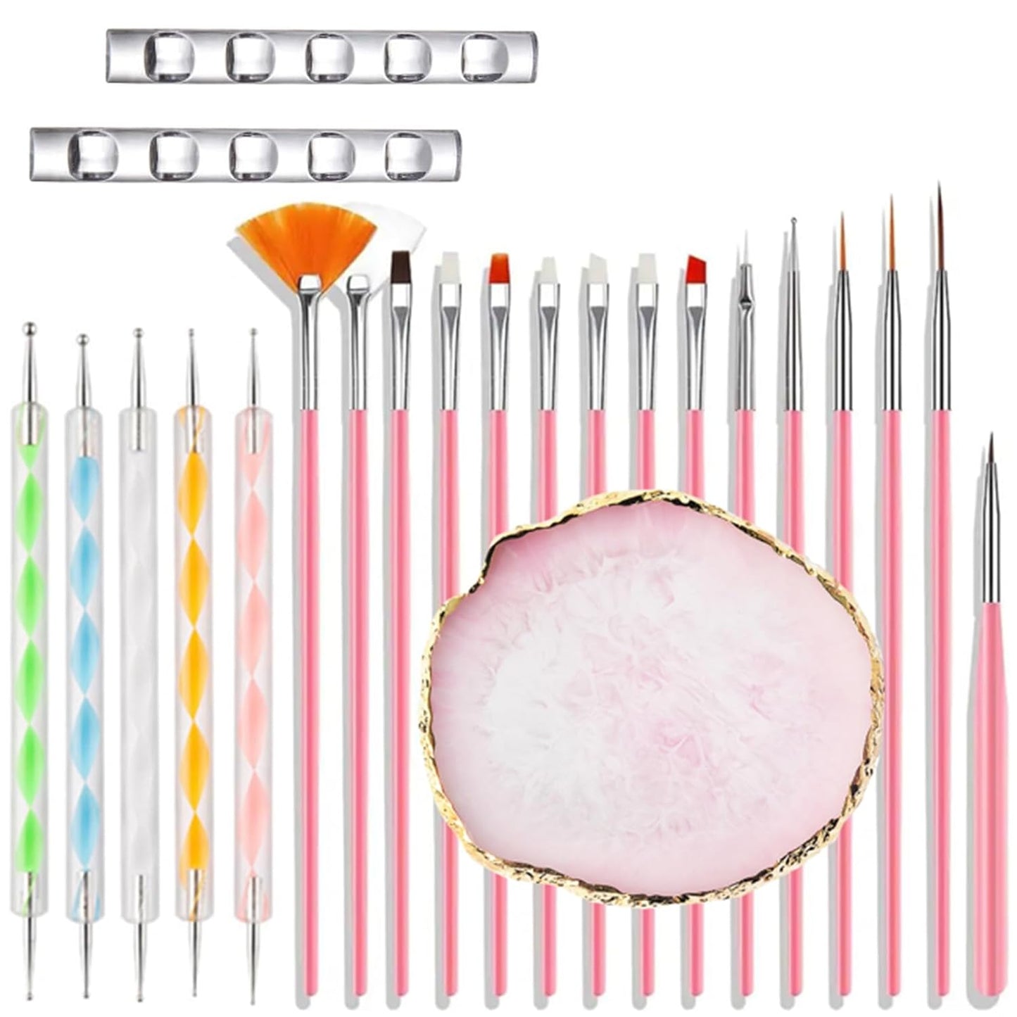 23 Piece Nail Art Tools Set Resin Nail Art Palette Nail Art Brush 2-way Acrylic Silicone Engraving Pen Dotting Pen Tools DIY Home Salon Makeup Display Board Nail Art Kit (pink)