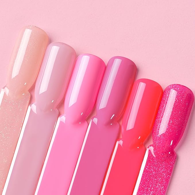 GAOY Pink Glitter Gel Nail Polish Set, 6 Colors Nude Neon Sparkle Soak Off UV Light Cure Gel Polish Kit for Salon and Nail Art DIY at Home