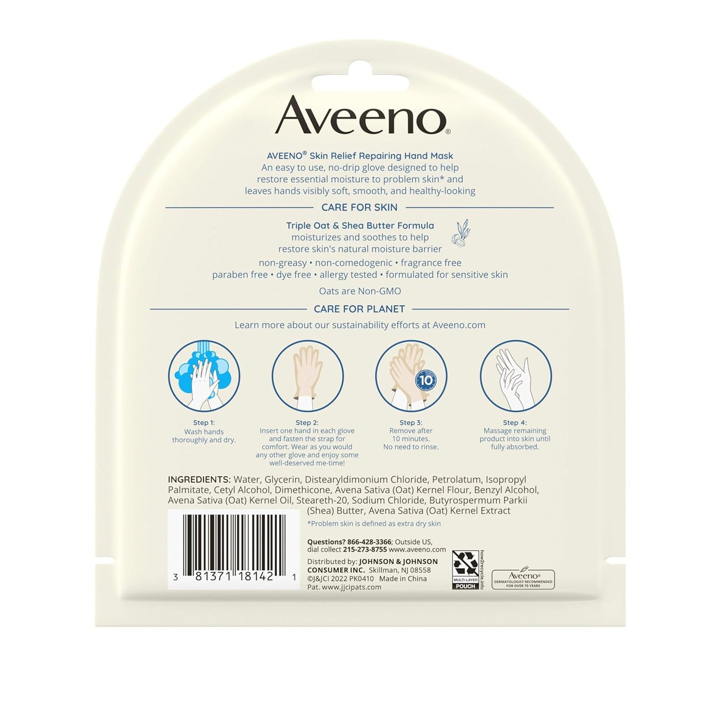 Aveeno Skin Relief Repairing Hand Mask, Moisturizing Gloves with Prebiotic Oat & Shea Butter for Very Dry Skin, Hand Care for Sensitive Skin, Fragrance-Free, 1 Pair of Single-Use Gloves