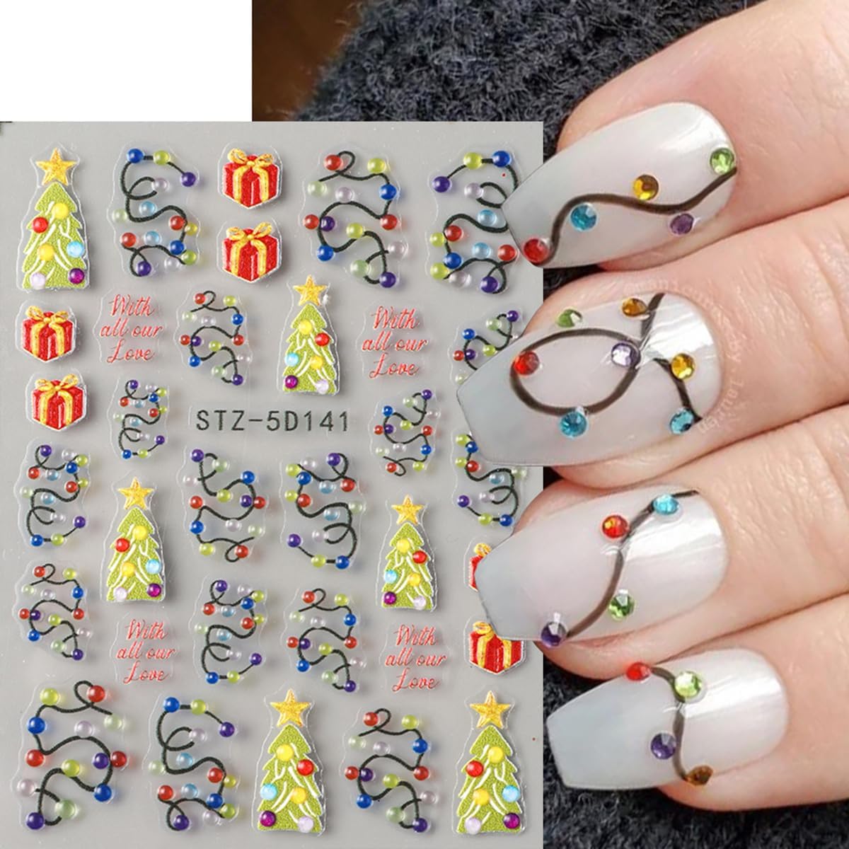 Christmas Nail Art Stickers 5D Embossed Colorful Light Nail Decals 2PCS Xmas Tree String Light Gift Box Self-Adhesive Xmas Nails Design Nail Art Supplies Stickers for Women Manicure Decorations