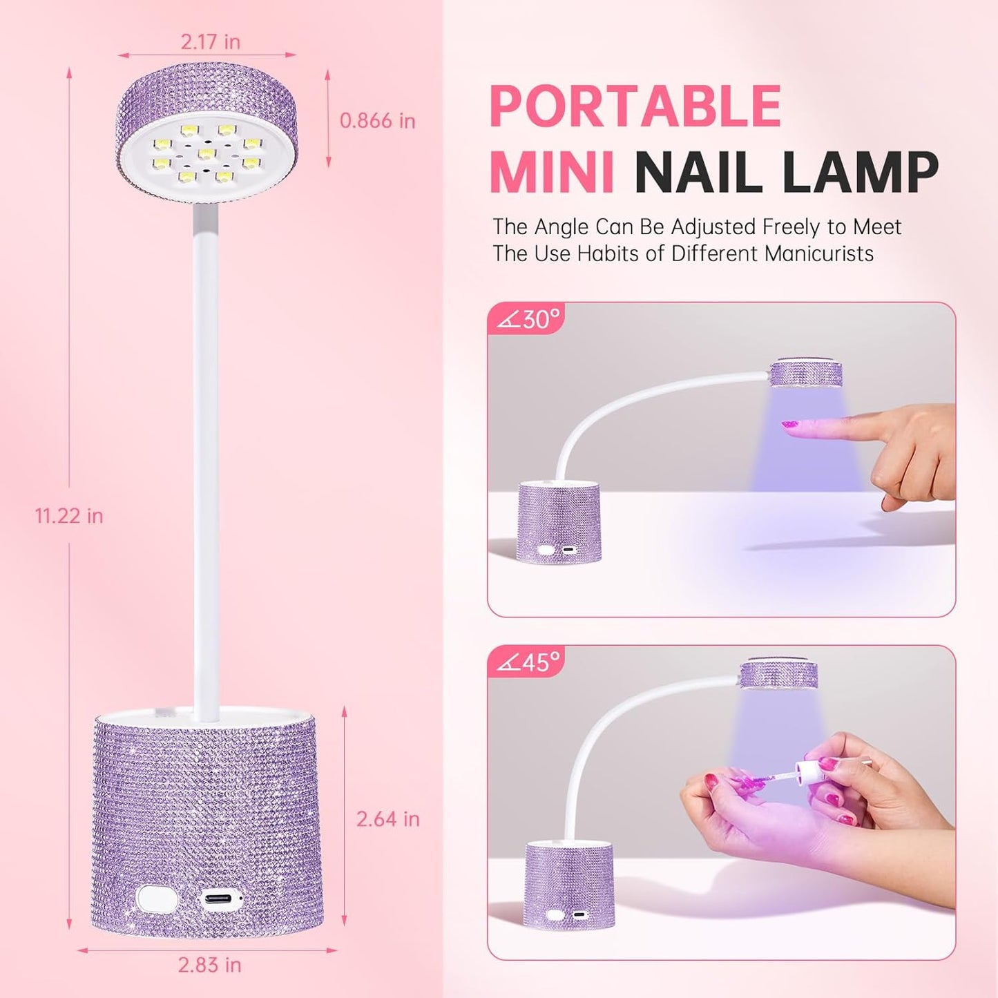 UV LED Nail Lamp, Mini UV Light for Gel Nails Polish, Rechargeable LED Flash Cure Nail Dryer, Quick Drying Goosenecks UV Nail Lamp for Home Nail Salon DIY Manicure, Purple Diamond