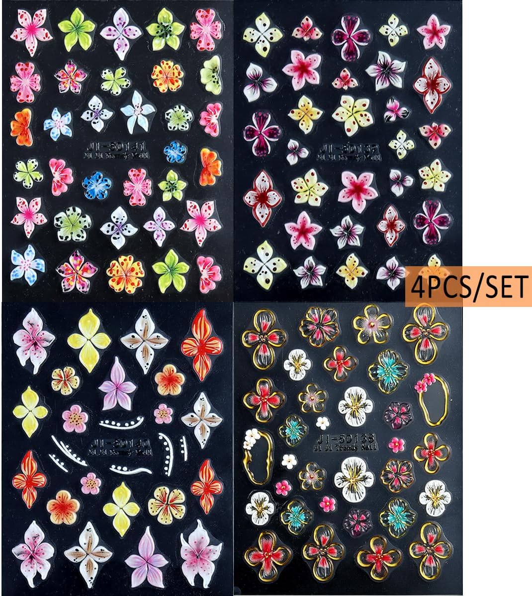 Flower Nail Stickers 5D Embossed Lily Flower Stickers for Nails Hibiscus Self Adhesive Floral Nail Decals Gold Flower Nail Charms Vacation Design Pegatinas para Uñas 4 Sheet