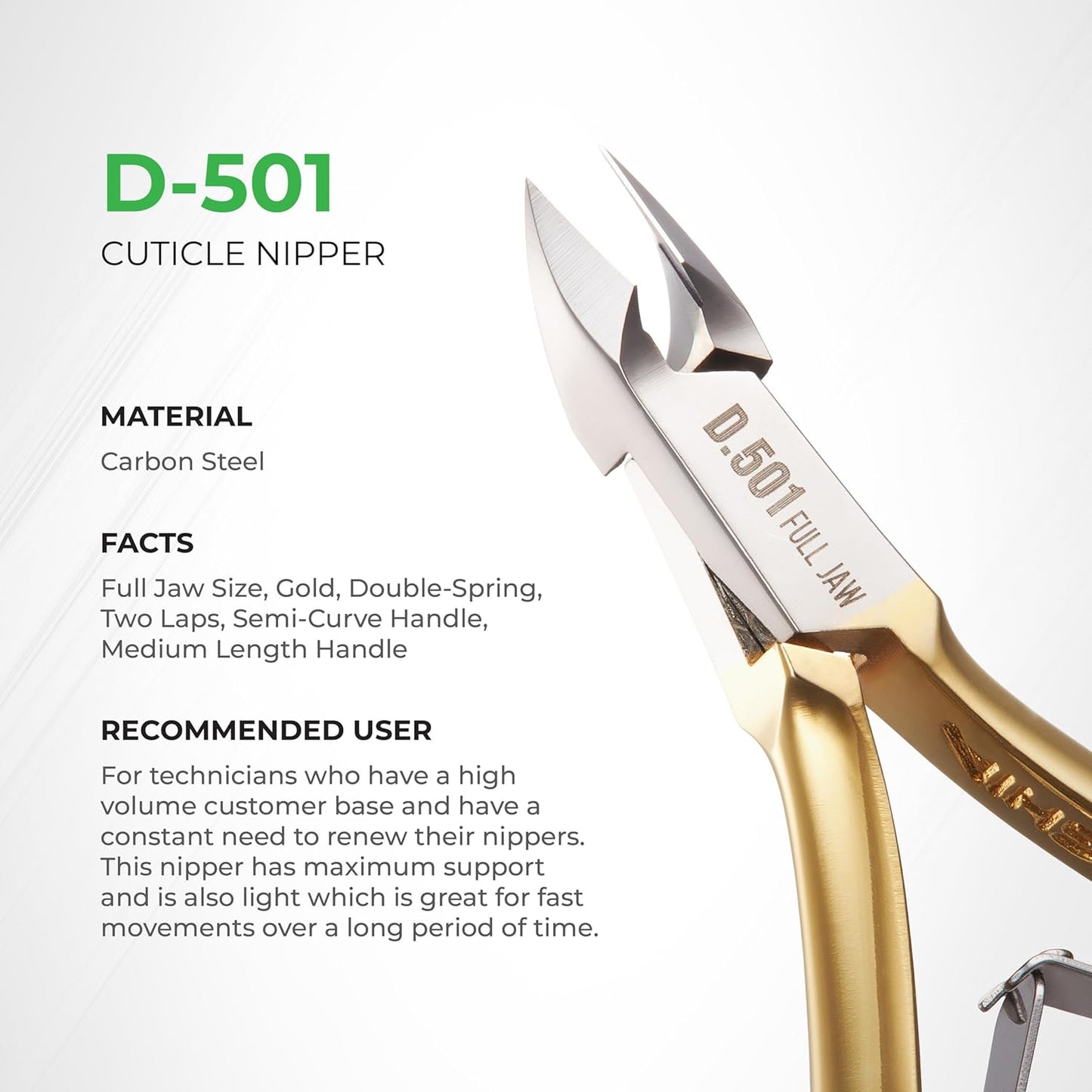 Professional Hard Steel Cuticle Nipper - D-501, Precision Nail Tech Nipper with Gold and Grey Plated Double Spring Jaws - Lap Joint Construction for Superior Performance.