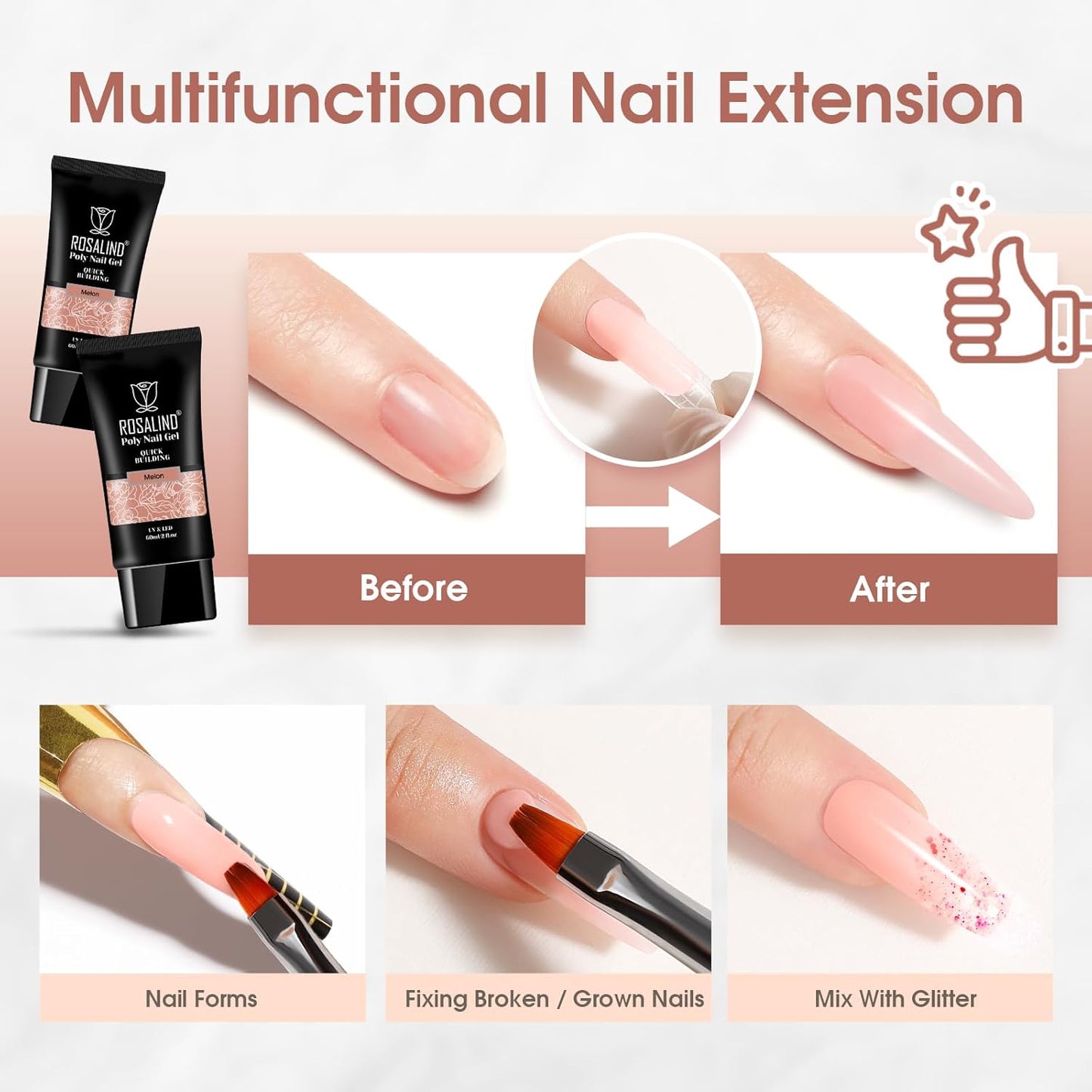 ROSALIND Pink Poly Nail Gel, 60ml Extension Gel for Nail Art Poly, Natural Color Builder Pink Gel Poly Extension Easy to DIY Use at Home Need UV Lamp
