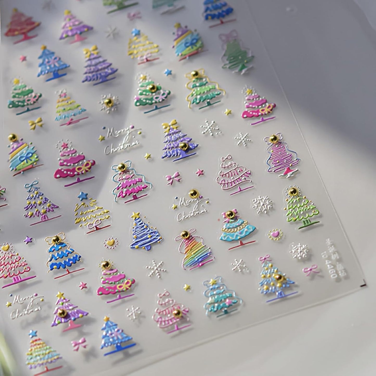 1 Sheet Cute Christmas Tree Nail Art Sticker 5D Embossed Colorful Christmas Tree with Gold Pearl Nail Sticker Decal Acrylic Nail Supplies for Women Girls DIY Nail Art Decoration