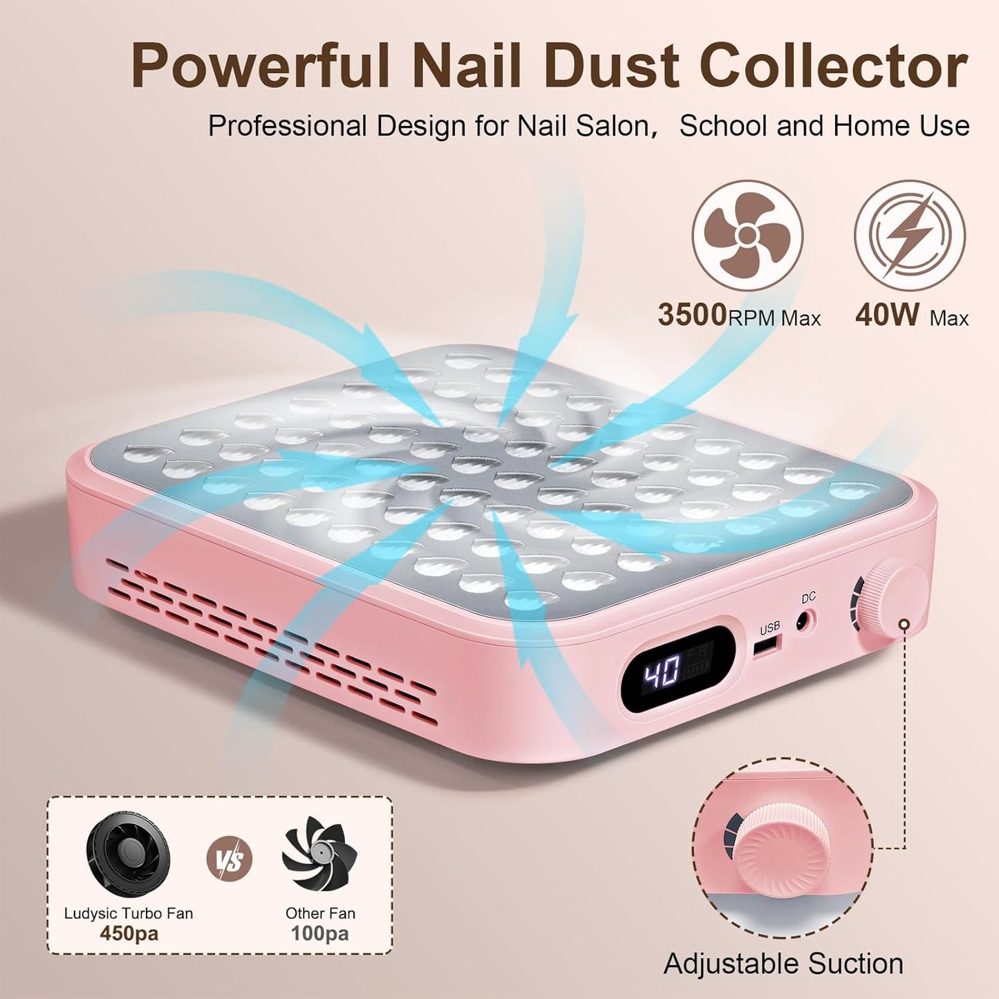 Nail Dust Collector with 2 Reusable Filters,Nail Vacuum Dust Collector Quiet for Nail Tech Art, Powerful Nail Fan and Duster Collector,Nail Vacuum Cleaner for Salon and Home(Pink)