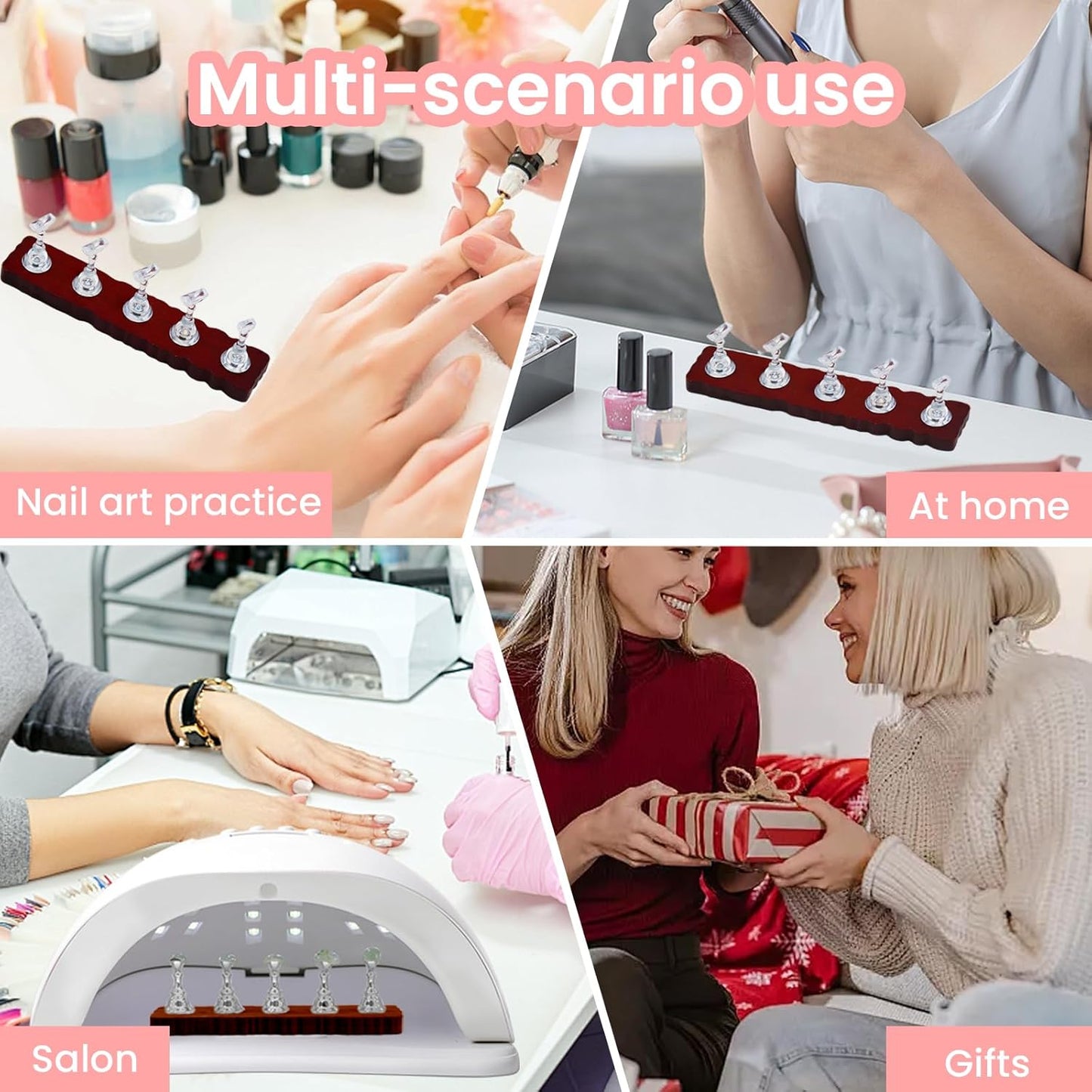 Wooden Nails Stand for Press On Art Display Practice 2 Set, 1 Heart Shaped Acrylic Magnetic Nail Stand, Fake Nail Holder with 200 Pieces Double-sided Tape, For Home DIY Salon Supplies (Walnut, Medium)