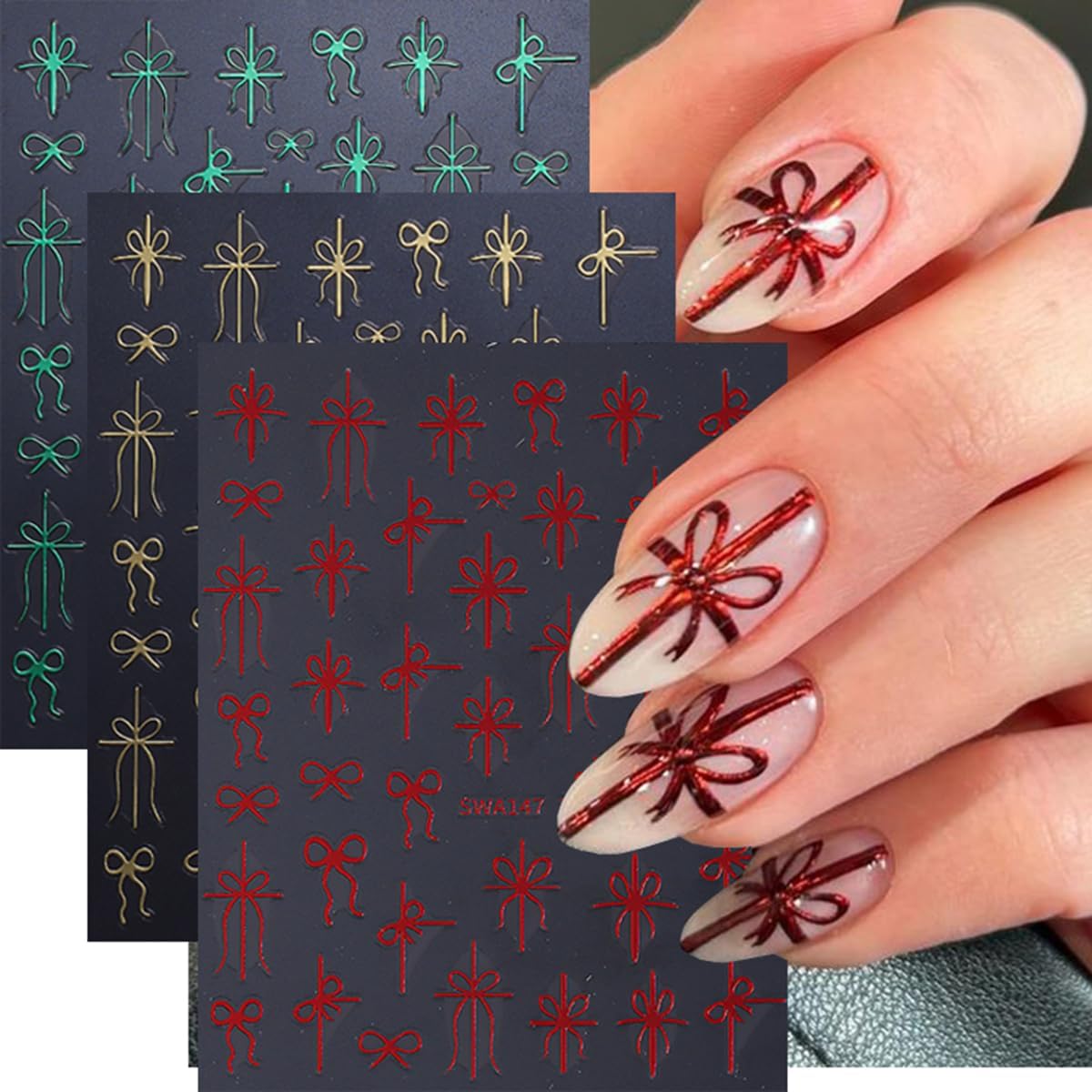 Christmas Nail Art Stickers Decals Christmas Gift Bow Nail Decals 6PCS Golden Green Red Ribbon 3D Self-Adhesive Nail Designs Holiday Nail Stickers Manicure Supply for Women DIY Nail Art Decorations