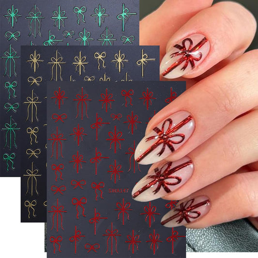 Christmas Nail Art Stickers Decals Christmas Gift Bow Nail Decals 6PCS Golden Green Red Ribbon 3D Self-Adhesive Nail Designs Holiday Nail Stickers Manicure Supply for Women DIY Nail Art Decorations