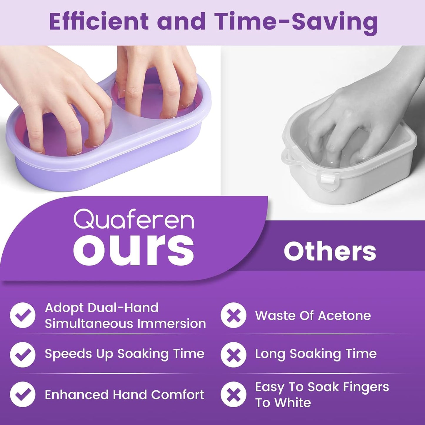 Quaferen Dual Nail Soaking Bowl: 3nd Generation 2-in-1 Manicure Bowl Acetone Proof for Women, Time-Saving Soak Off Gel Nail Polish Dip Powder Acrylic Removal Kit for Salon Home (Normal Size,Purple)