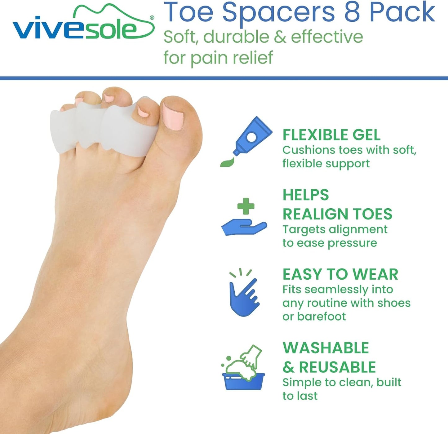 VIVEsole Toe Spreaders for Feet (8 Pack) - Silicone Spacers for Women & Men - Gel Separators for Bunions, Overlapping Toes, Pain Relief - Orthotic Dividers for Athletes, Alignment & Corrector