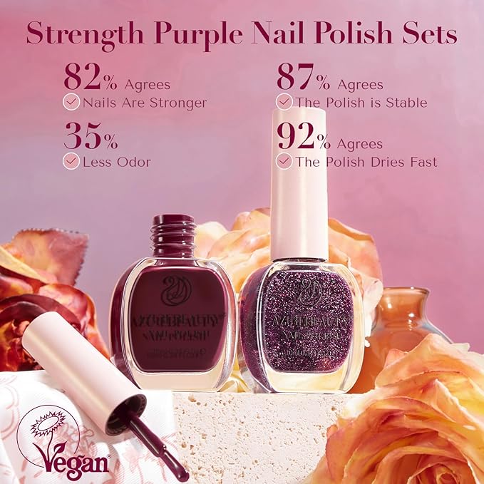 AZUREBEAUTY Purple Nail Polish Set 2 Colors Glitter Quick Dry Long Lasting French Tip Nail Polish Natural Manicure Diy Home Gift for Girls