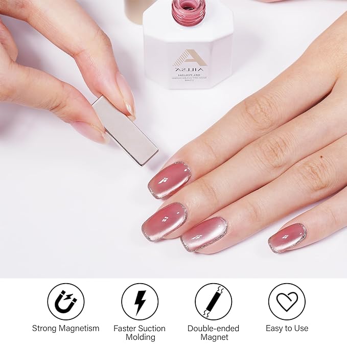 AILLSA Glass Cat Eye Gel Nail Polish, 15ml Pink Glitter Jelly Sheer Gel Polish, Translucent Magnetic Shimmer Sparkle Nail Art U V Salon 0.5 OZ GF35